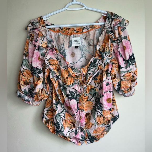 Anthropologie Tops - Anthropologie Pink & Orange Floral Ruffled Peasant Blouse